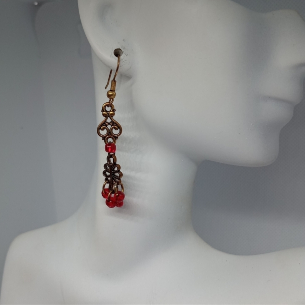 Handmade Women's Bohemian Chandelier Earrings Beaded Red Gold